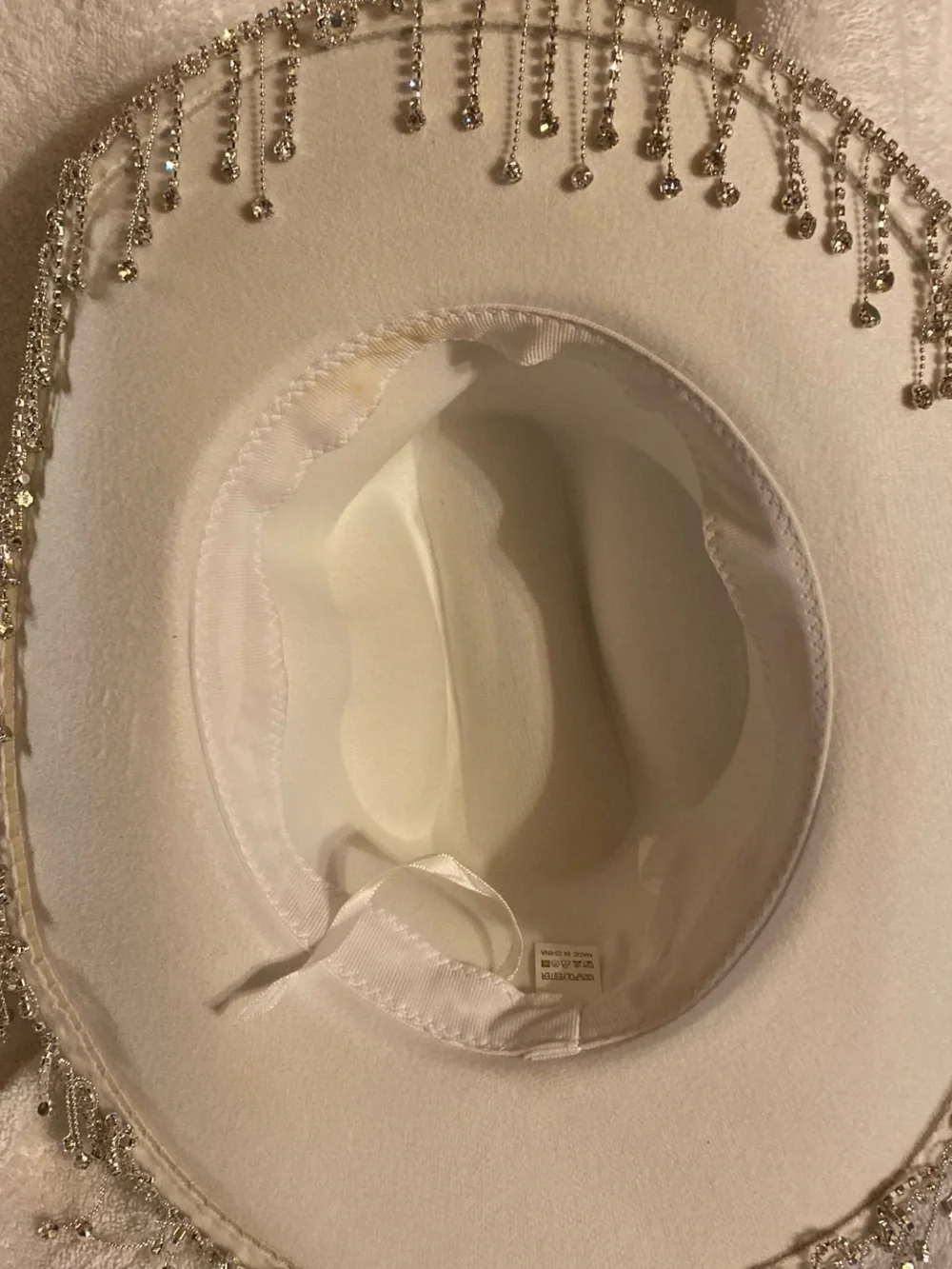 Women's White Fedora Hat with Beaded Fringe Trim